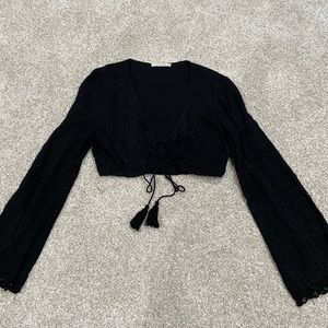 Black Crop Loop-Tie Flare Sleeve Blouse (Medium)